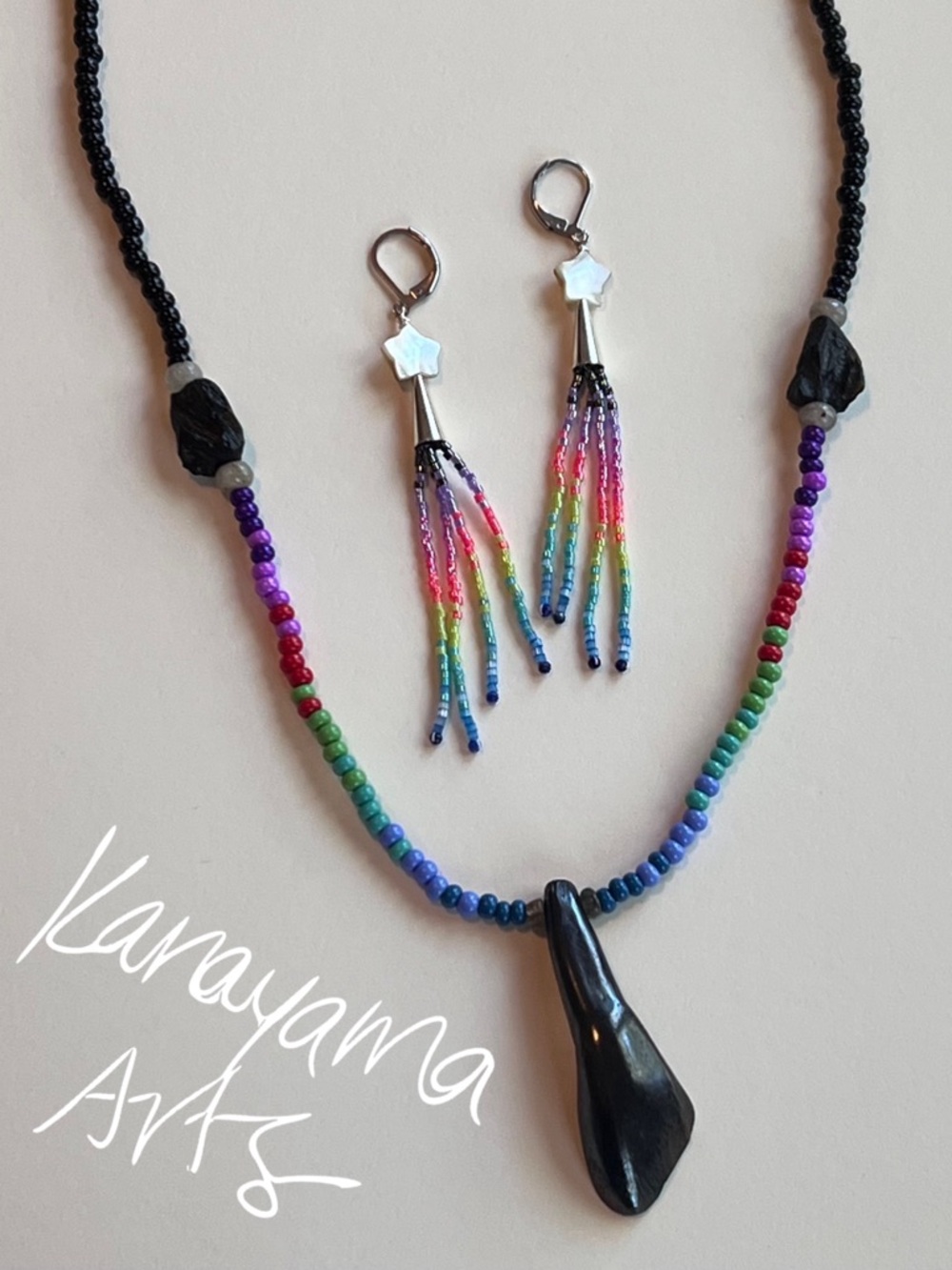 "Aurora" Buffalo Tooth & Tektite Beaded Necklace & Earrings Set